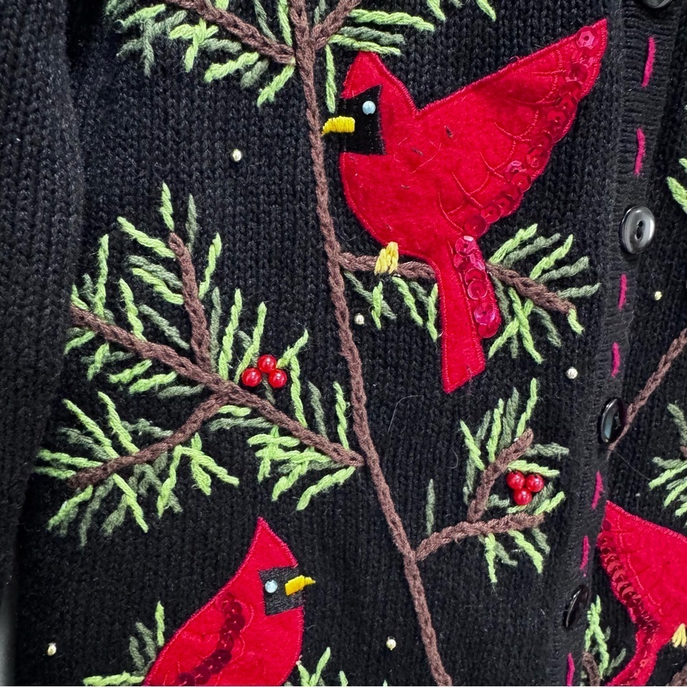 Vintage 1990s Knit Bird Pine Tree Graphic Cardigan Sweater Button Up Size Small - Picture 12 of 16